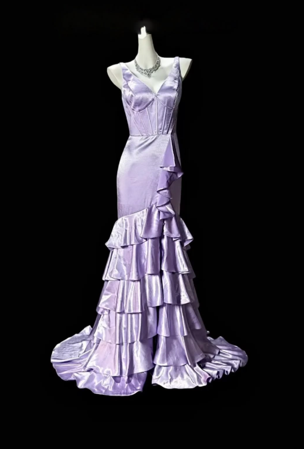 Silky Sleeveless Ruffled Bodycon Prom Gown ,Sparkly Lavender Maxi Evening Dress Ball Gown RS2098