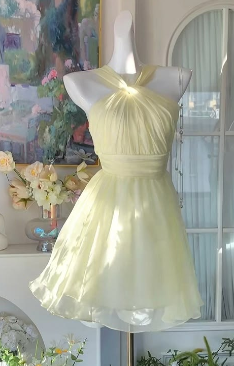 Halter Flowy Corset Homecoming Dress , Fresh Pastel Yellow Mini Summer Dress RS2134