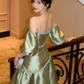 Silky Sleeves Satin Corset Prom Gown ,Sparkly Green Maxi Evening Dress Ball Gown RS2099
