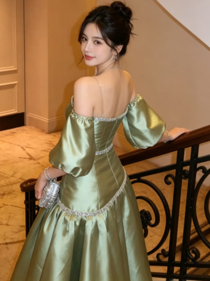 Silky Sleeves Satin Corset Prom Gown ,Sparkly Green Maxi Evening Dress Ball Gown RS2099