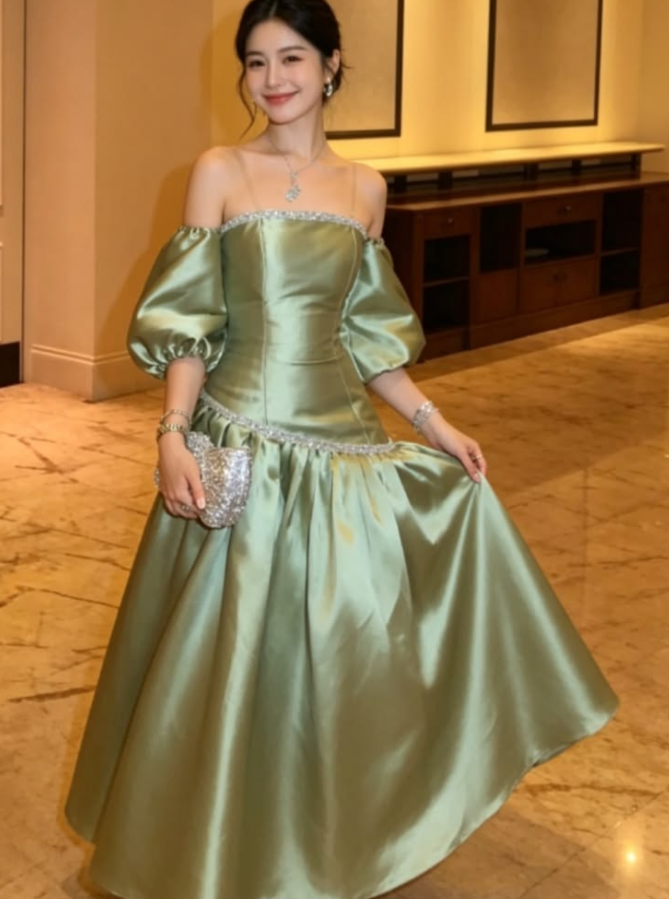 Silky Sleeves Satin Corset Prom Gown ,Sparkly Green Maxi Evening Dress Ball Gown RS2099