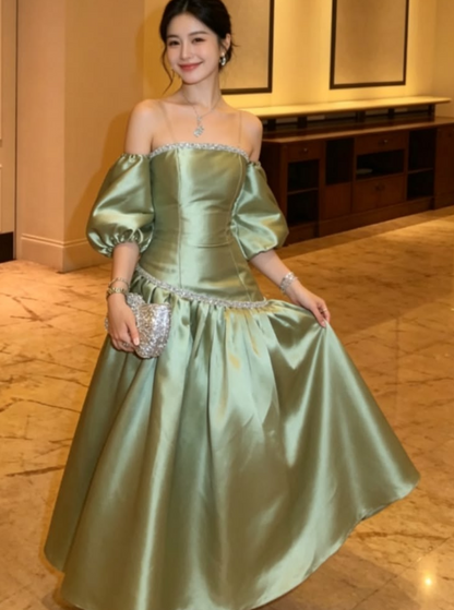 Silky Sleeves Satin Corset Prom Gown ,Sparkly Green Maxi Evening Dress Ball Gown RS2099