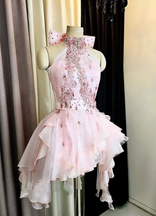 Rhinestones Halter Flowy Corset Homecoming Dress , Sweet Blush Pink Mini Birthday Dress RS2136