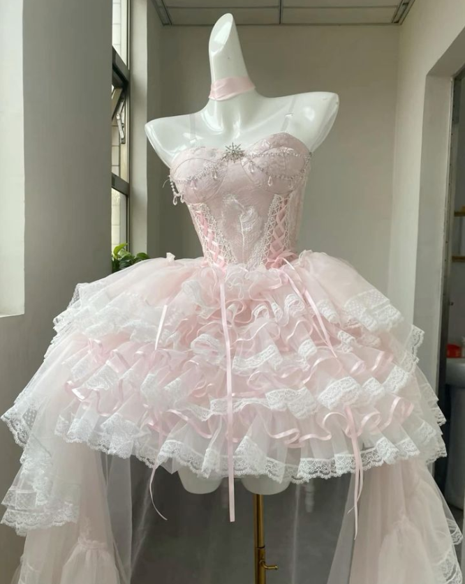 Puffy Tulle Ruffled Corset Homecoming Dress , Sweet Blush Pink Mini Birthday Dress RS2137