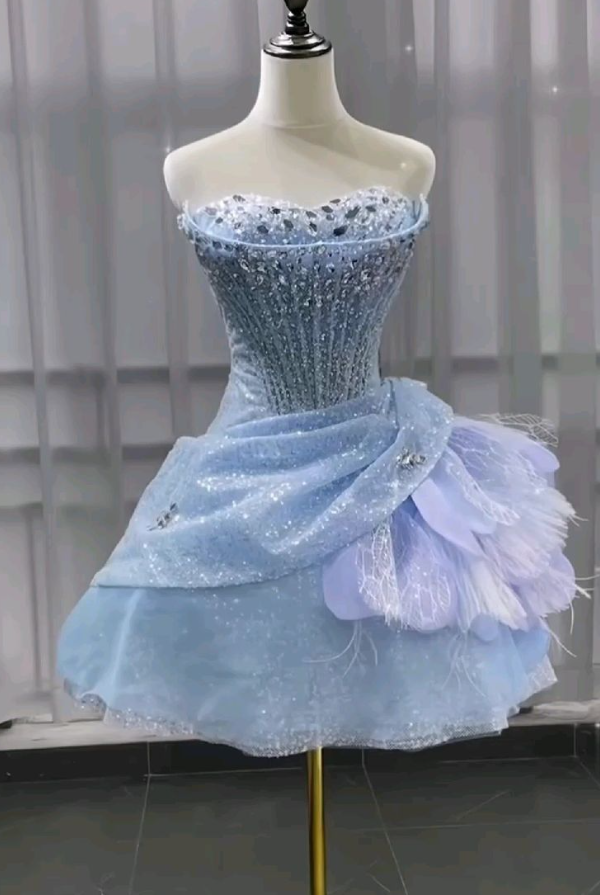 Tulle Beaded Corset Homecoming Dress , Sparkly Blue Short Prom Dress Birthday Dress RS2141