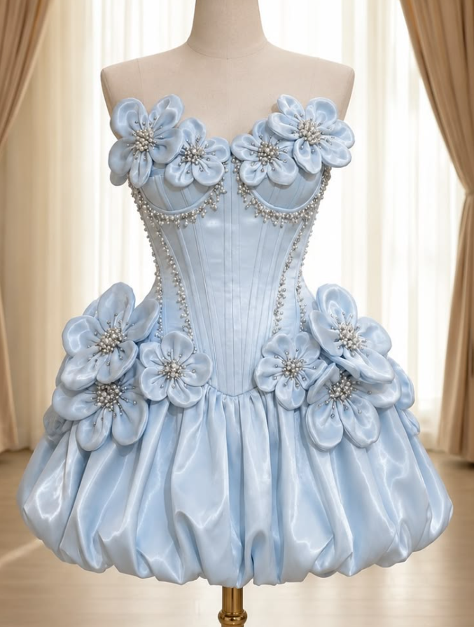3D Floral Beaded Corset Homecoming Dress , Dreamy Blue Short Prom Dress Birthday Dress RS2142