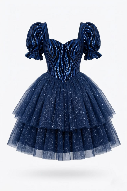 Tulle Glitter Tiered Corset Homecoming Dress , Dreamy Navy Short Prom Dress Birthday Dress RS2143