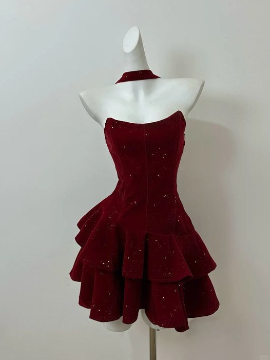Tiered Glitter Strapless Homecoming Dress , Burgundy Women's Short Prom Dress Evening Dress RS2146