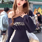 Sports style oblique collar off-shoulder sweater dress 2025 lace patchwork waist hip short skirt R1237
