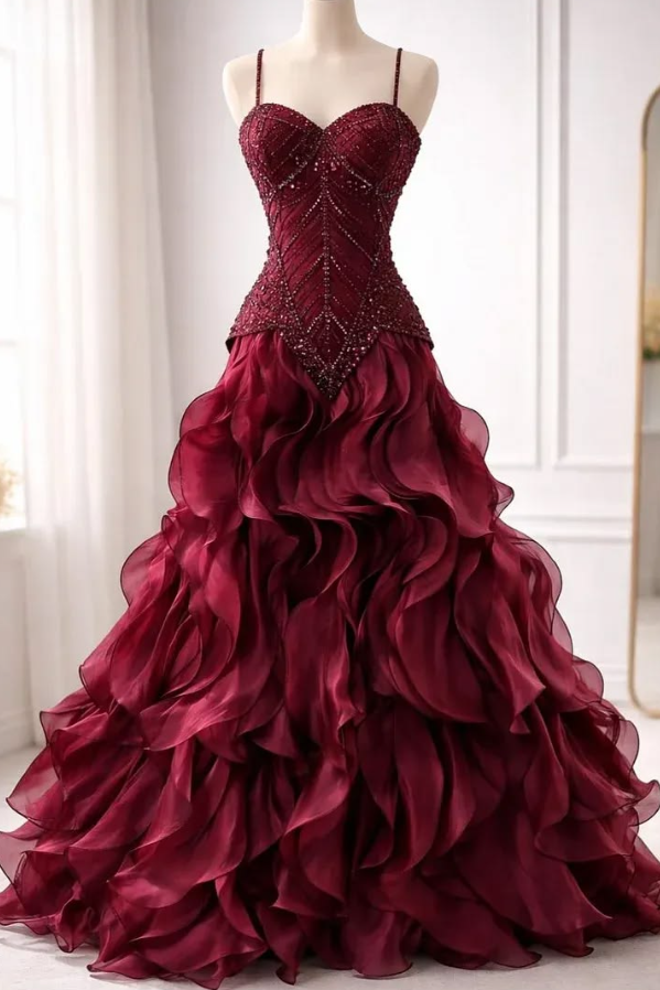Pleated Luxurious Corset Prom Gown ,Burgundy Women's Maxi Evening Dress RS2157
