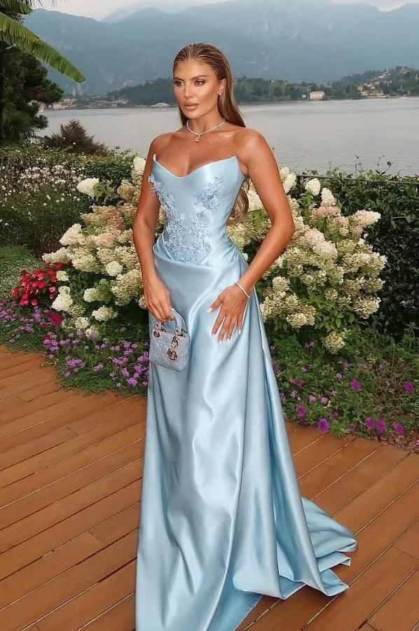 Silky Blue Applique Corset Prom Gown , Dreamy Women's Maxi Evening Dress RS2163