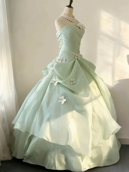 Puffy Green Applique Corset Prom Gown , Gentle Women's Maxi Evening Dress Quinceanera Dress RS2167