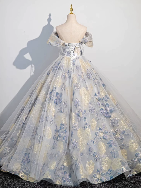 Puffy Glitter Floral Decor Corset Prom Gown , High End Women's Maxi Quinceanera Dress Ball Gown RS2168