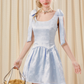 Blue embossed rose flower pleated waist bow dress R5249