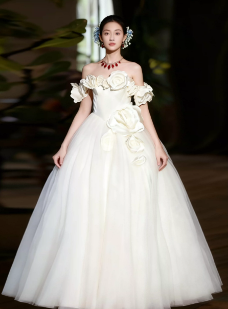 Hazy White Off-the-shoulder A-Line Tulle 3D Floral Corset Maxi Wedding Dress RS2211