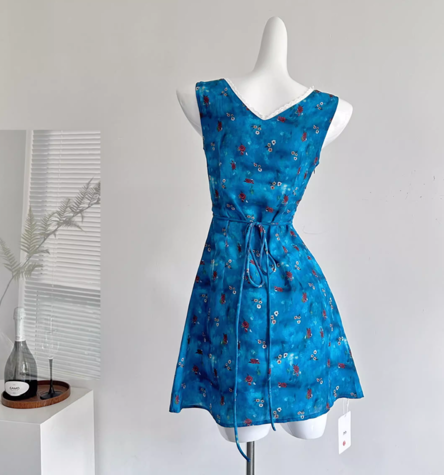 Priyanka floral V-neck chiffon waist sleeveless short dress R2059