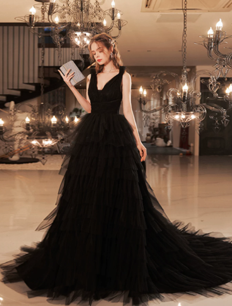 Tulle Puffy Black Corset Prom Gown , Elegant Women's Maxi Evening Dress Ball Gown RS2174