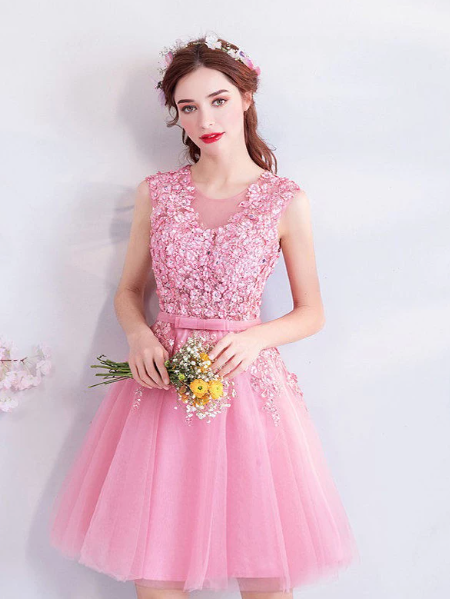 Floral Sleeveless Tulle Homecoming Dress , Barbie Pink Women's Short Prom Dress Party Dress RS2153