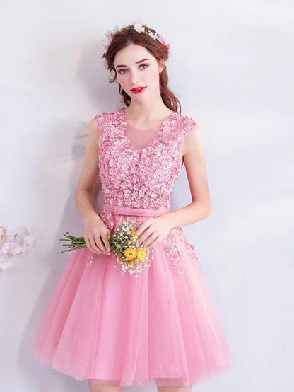 Floral Sleeveless Tulle Homecoming Dress , Barbie Pink Women's Short Prom Dress Party Dress RS2153