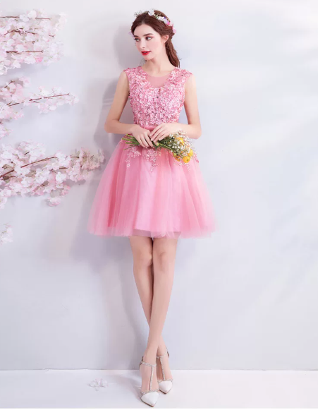 Floral Sleeveless Tulle Homecoming Dress , Barbie Pink Women's Short Prom Dress Party Dress RS2153