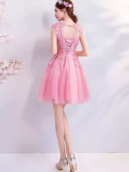 Floral Sleeveless Tulle Homecoming Dress , Barbie Pink Women's Short Prom Dress Party Dress RS2153