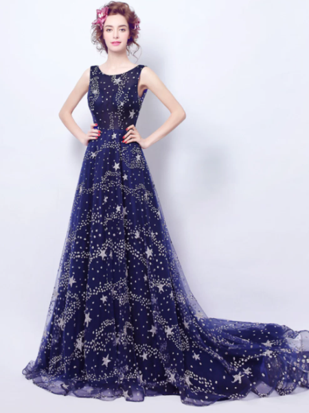 Flowy Polka Dots Corset Prom Gown , Retro Navy Women's Maxi Evening Dress RS2178