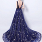 Flowy Polka Dots Corset Prom Gown , Retro Navy Women's Maxi Evening Dress RS2178