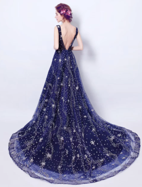Flowy Polka Dots Corset Prom Gown , Retro Navy Women's Maxi Evening Dress RS2178