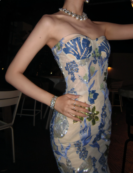 Elegant Transparent Floral Sequin Sheath Strapless Bodycon Maxi Evening Dress RS279