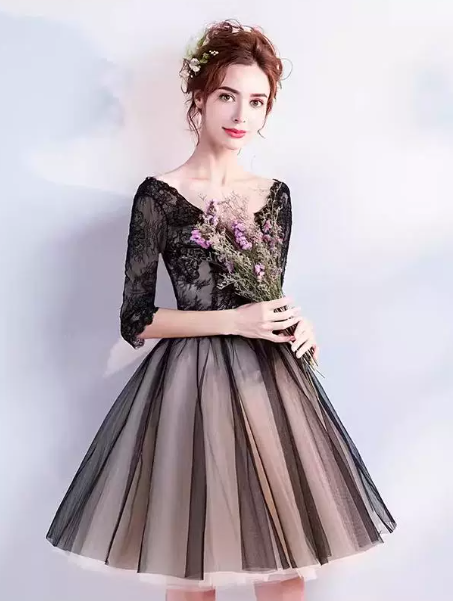 Lace Embroidered Puffy Homecoming Dress , Elegant Women's Short Prom Dress RS2154