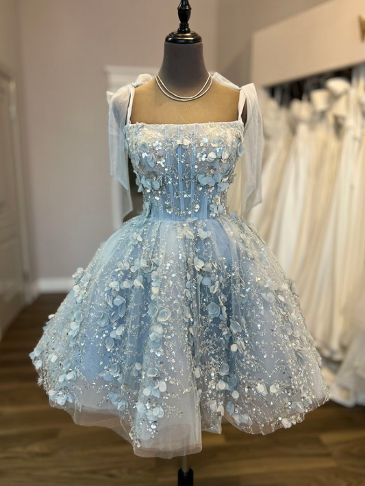 Pale Blue Glitter Floral Homecoming Dress , High End Women's Short Prom Dress RS2179