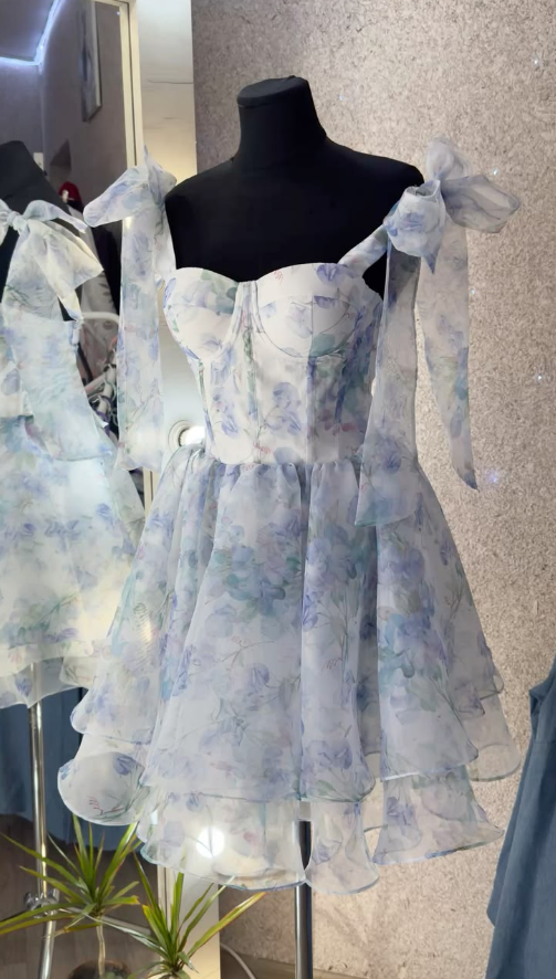 Pale Blue Printed Pattern Homecoming Dress , Fresh Women's Short Prom Dress RS2180
