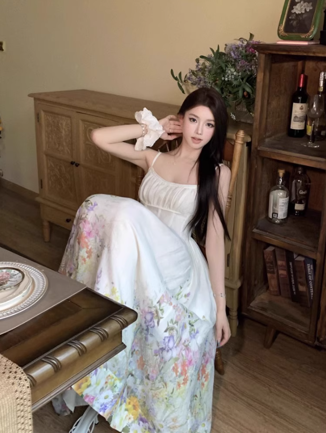 Platycodon temperament floral suspender skirt super beautiful waist dress R0701