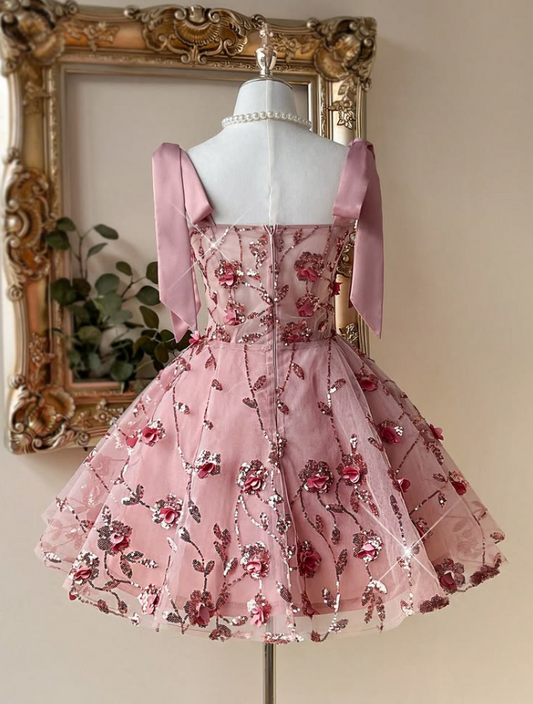 Princess Floral Beaded Homecoming Dress , Sparkly Women's Short Prom Dress Birthday Dress RS2182