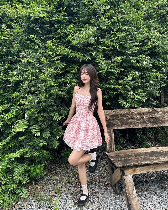 Pink small floral suspenders waist slimming and slimming cute mini skirt homecoming dress R4040