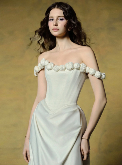 French Chic Light Ivory A-Line Flower-Bateau Bodycon Maxi Women Dress Evening Dress RS280