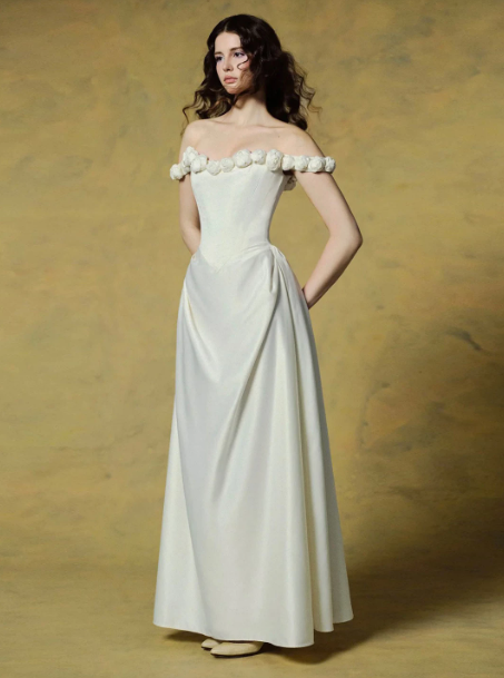 French Chic Light Ivory A-Line Flower-Bateau Bodycon Maxi Women Dress Evening Dress RS280