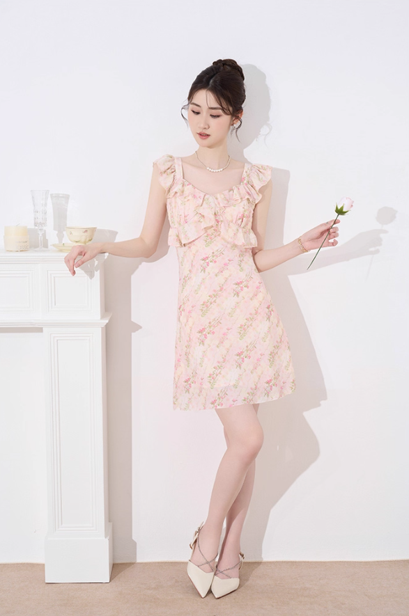 French dress new summer design niche temperament high-end pink floral waist skirt R4217