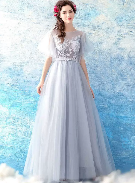 Tulle Hazy Embroidered Corset Prom Gown , Pale Blue Women's Maxi Evening Dress RS2214