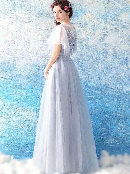 Tulle Hazy Embroidered Corset Prom Gown , Pale Blue Women's Maxi Evening Dress RS2214