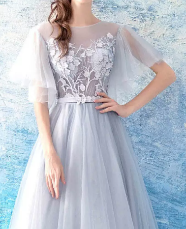 Tulle Hazy Embroidered Corset Prom Gown , Pale Blue Women's Maxi Evening Dress RS2214