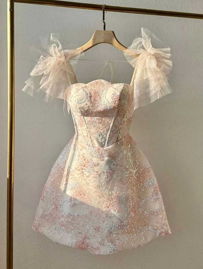 Embroidered Hazy Floral Homecoming Dress , Champagne Women's Short Prom Dress Birthday Dress RS2187