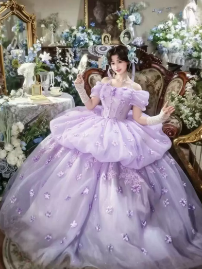 Puffy Bateau Tiered Corset Prom Gown , Dreamy Lavender Women's Maxi Quinceanera Dress Ball Gown RS2216