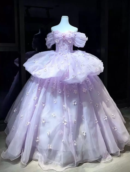 Puffy Bateau Tiered Corset Prom Gown , Dreamy Lavender Women's Maxi Quinceanera Dress Ball Gown RS2216