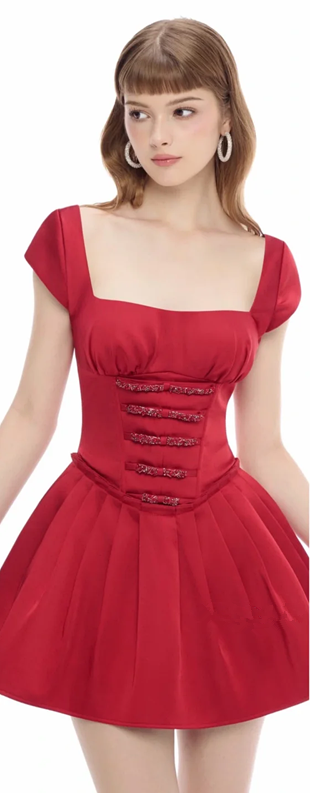 Red suspenders slim waist sexy A-line skirt short skirt homecoming dress R4442