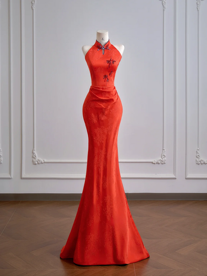 Red Chinese-style neckline, fitted waist, slim-fitting, long, sexy ball gown R8157