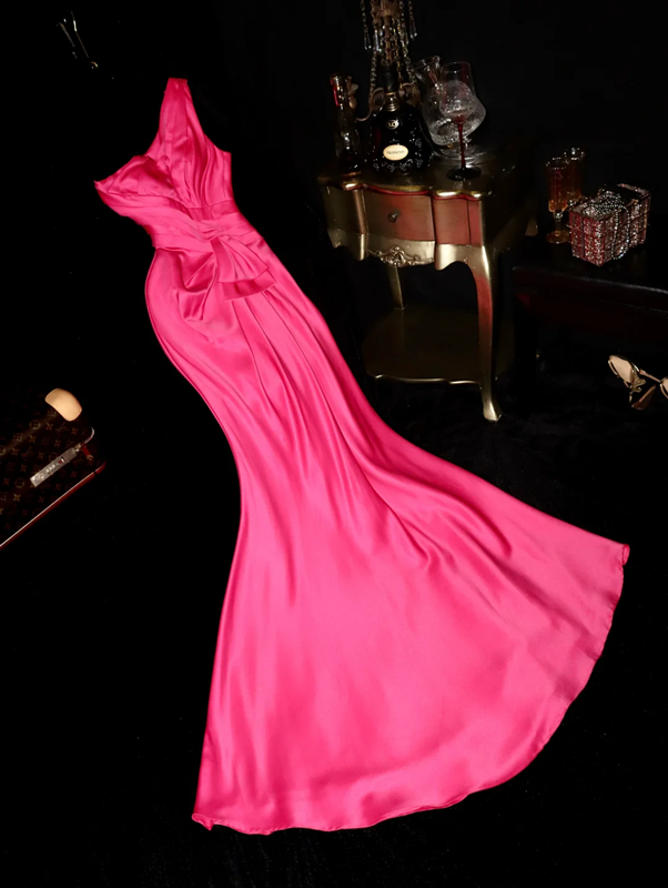 Rose pink off-shoulder fitted waist bodycon long ball gown R6983
