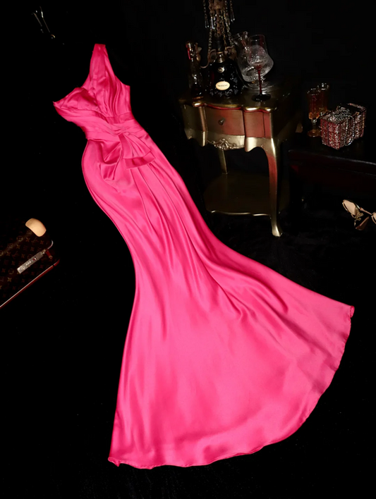 Rose pink off-shoulder fitted waist bodycon long ball gown R6983