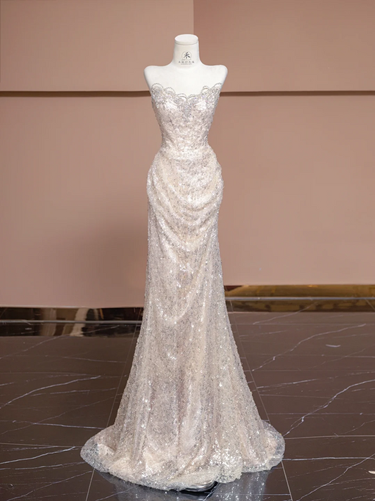 Light pink strapless, fitted, bodycon, sexy long ball gown/bridal dress R8322