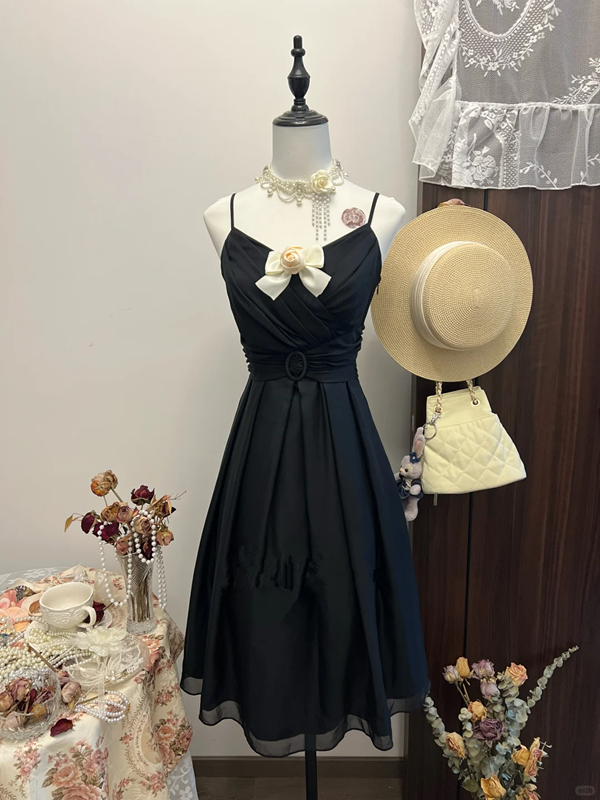 Black suspender low-cut sexy waist pleated slim long skirt homecoming dress R4362